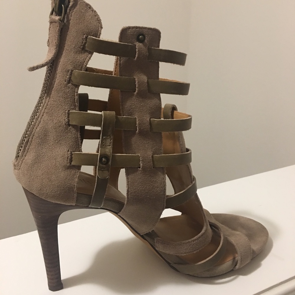 Suede & Leather heels. Taupe tan colour elastic on inner strap for extra room.